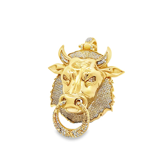 10k Yellow & White Gold Two-Tone Bull Head Pendant with 4ctw Pavé Diamonds — left side three-quarter view