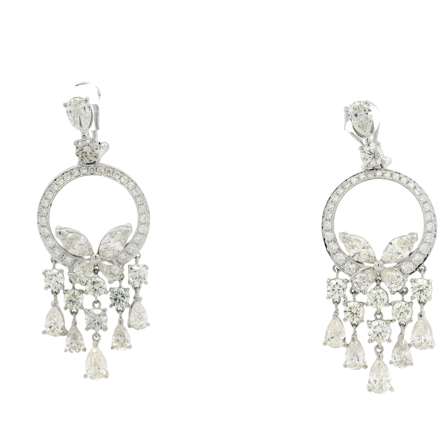 18k White Gold 13.35ctw Marquise, Pear & Round Brilliant Diamond Drop Earrings — left three-quarter angle