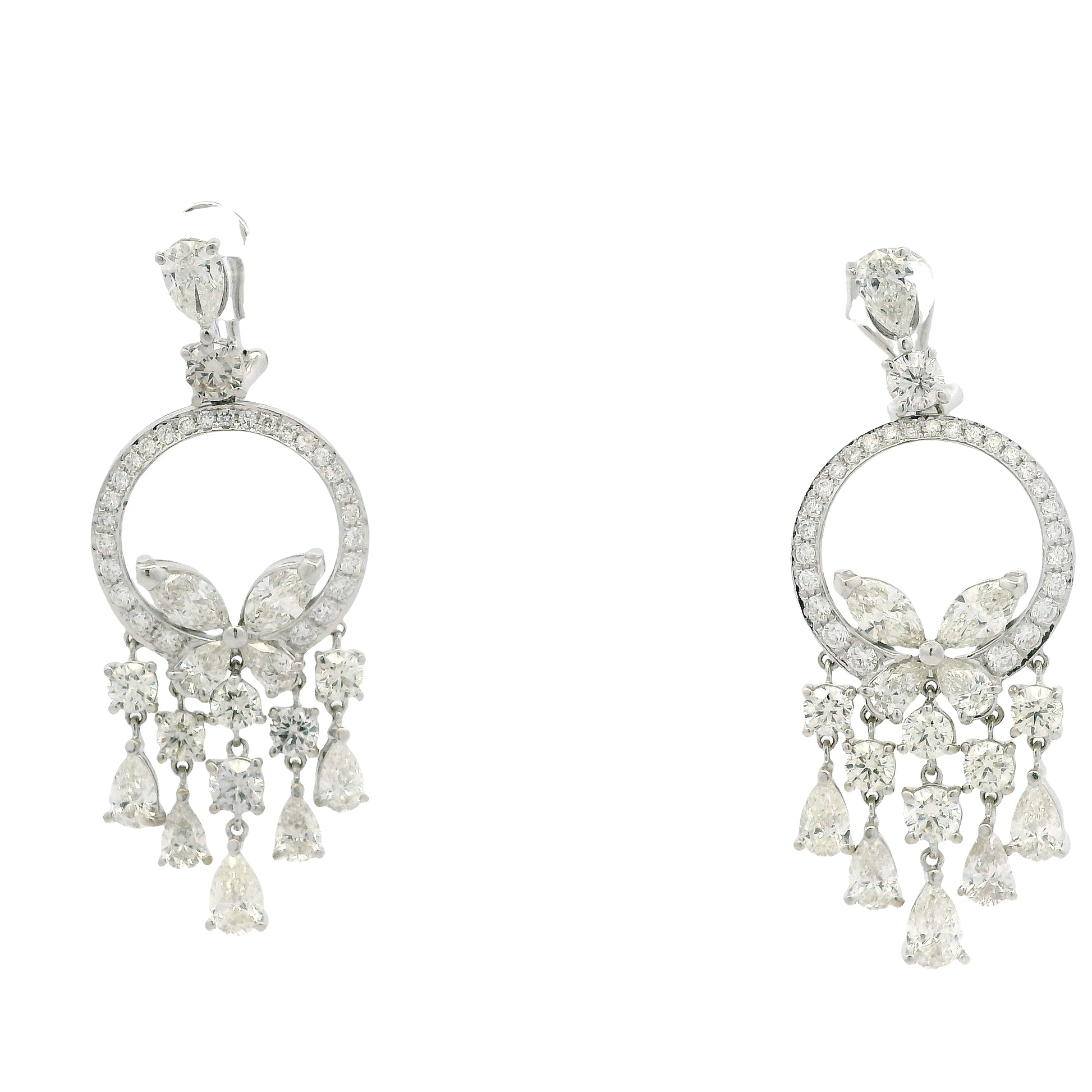 18k White Gold 13.35ctw Marquise, Pear & Round Brilliant Diamond Drop Earrings — left three-quarter angle