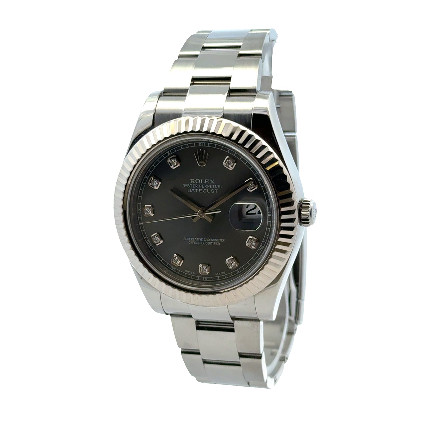 Rolex 116334 Datejust II 41mm Rhodium Diamond Dial Stainless Steel Watch — left three-quarter angle