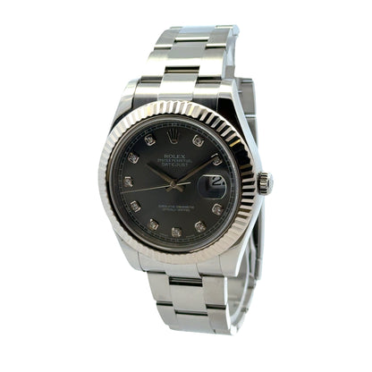 Rolex 116334 Datejust II 41mm Rhodium Diamond Dial Stainless Steel Watch — left three-quarter angle