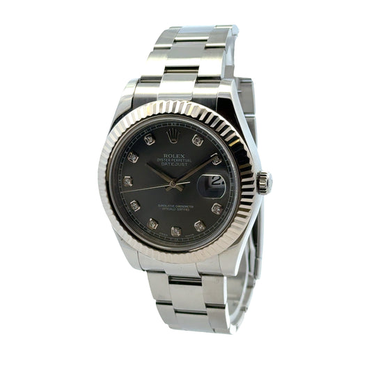 Rolex 116334 Datejust II 41mm Rhodium Diamond Dial Stainless Steel Watch — left three-quarter angle