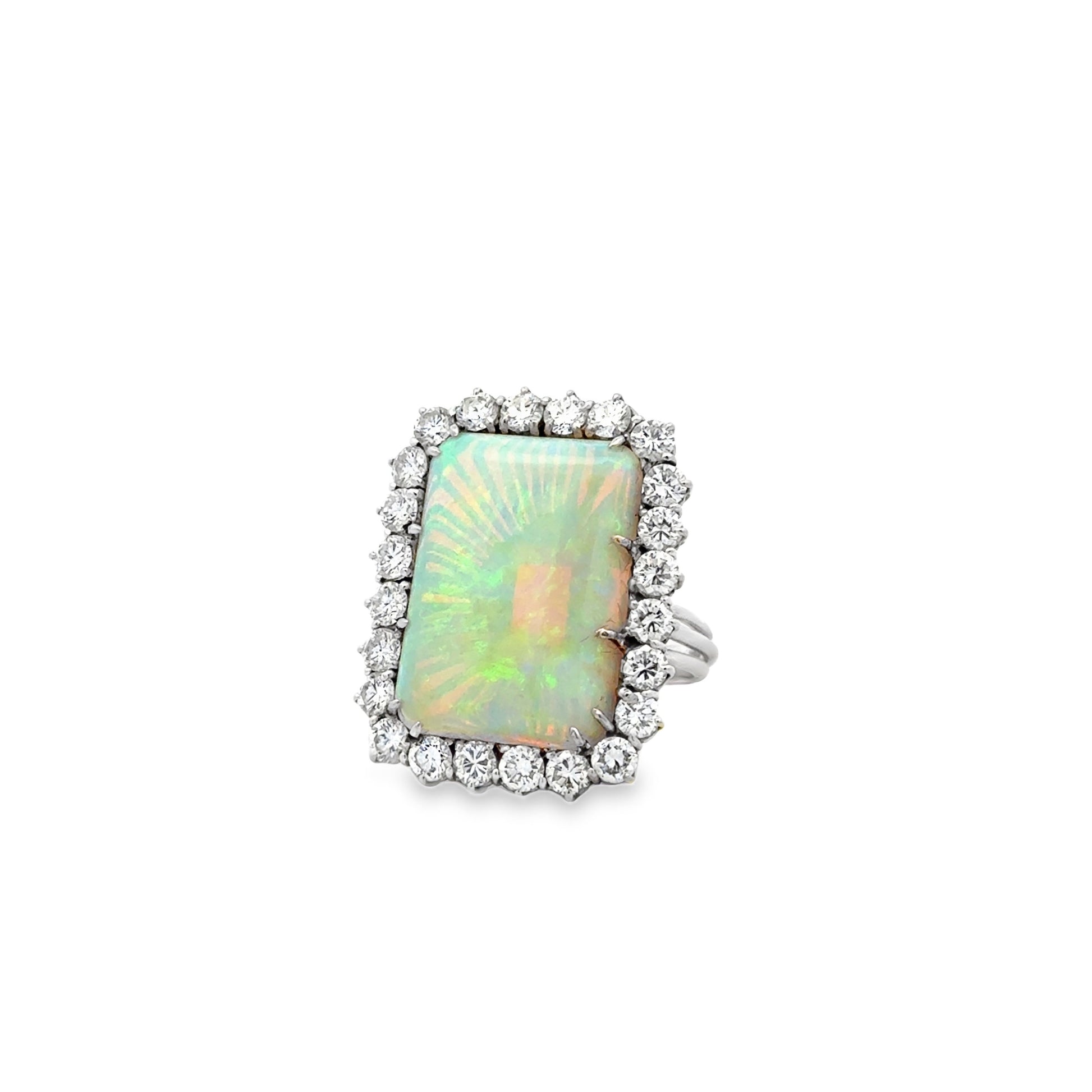 18k White Gold Natural Opal and 2.40ctw Diamond Halo Cocktail Ring — left three-quarter angle