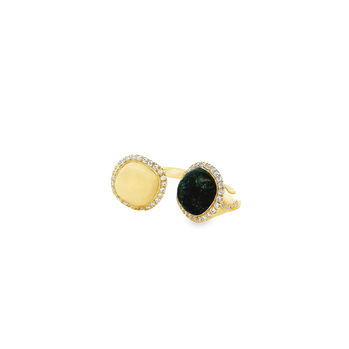 18k Yellow Gold White Opal and Black Opal Toi et Moi Ring — left three-quarter angle