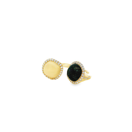 18k Yellow Gold White Opal and Black Opal Toi et Moi Ring — left three-quarter angle