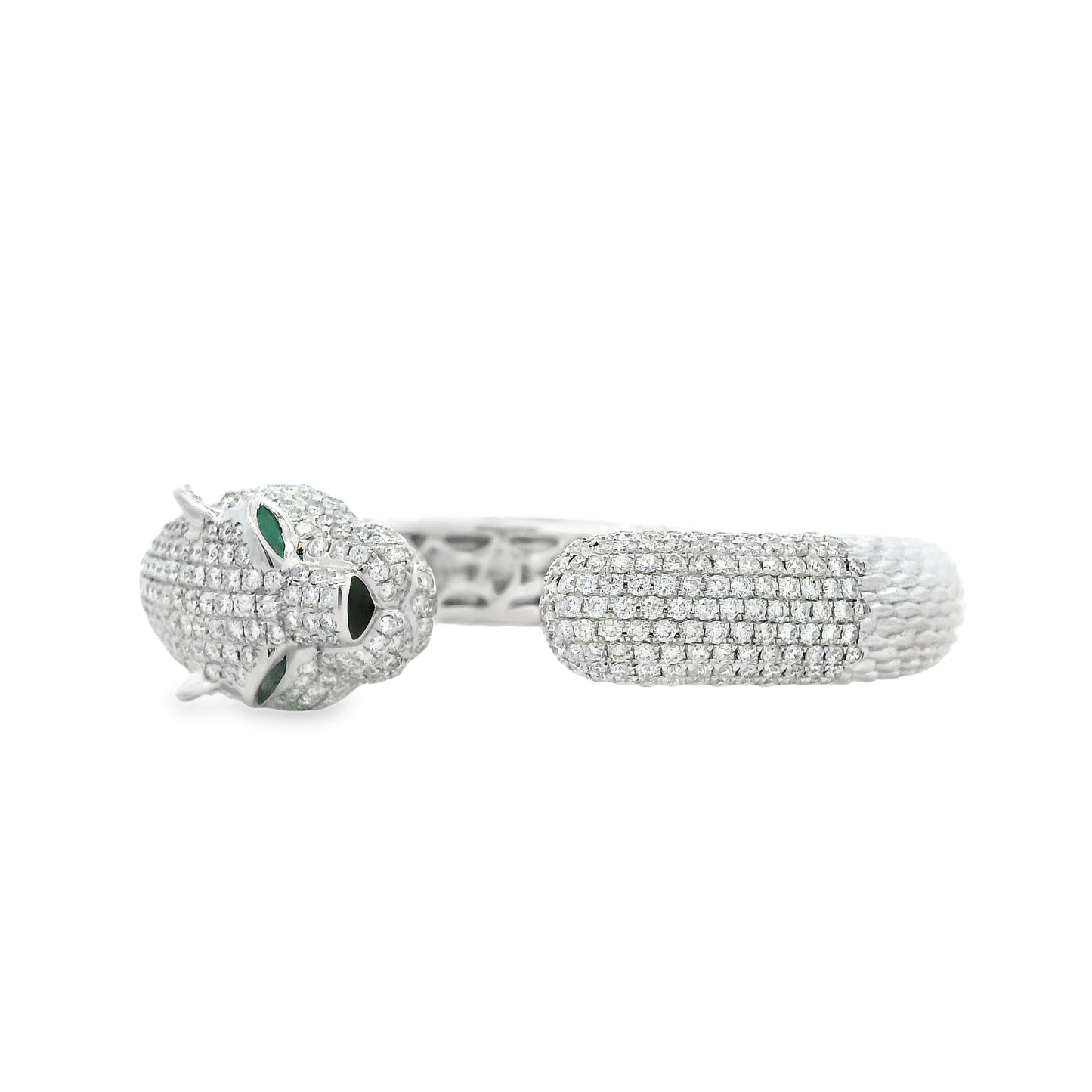 18k White Gold 0.31ctw Emerald and 10.57ctw Round Diamond Pavé Panther Hinged Bangle Bracelet — left three-quarter angle