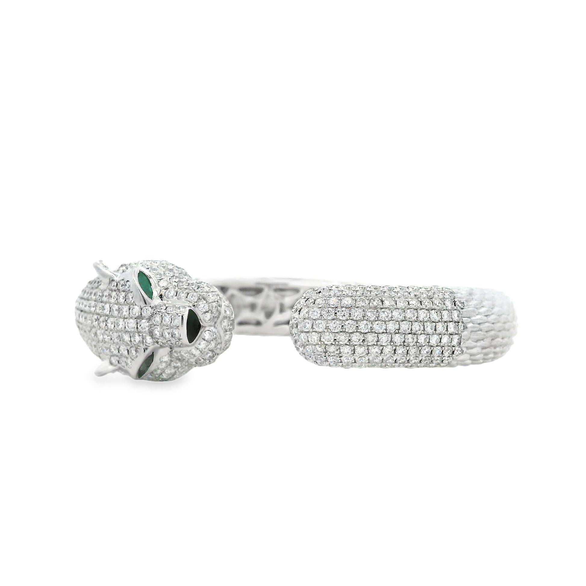 18k White Gold 0.31ctw Emerald and 10.57ctw Round Diamond Pavé Panther Hinged Bangle Bracelet — left three-quarter angle