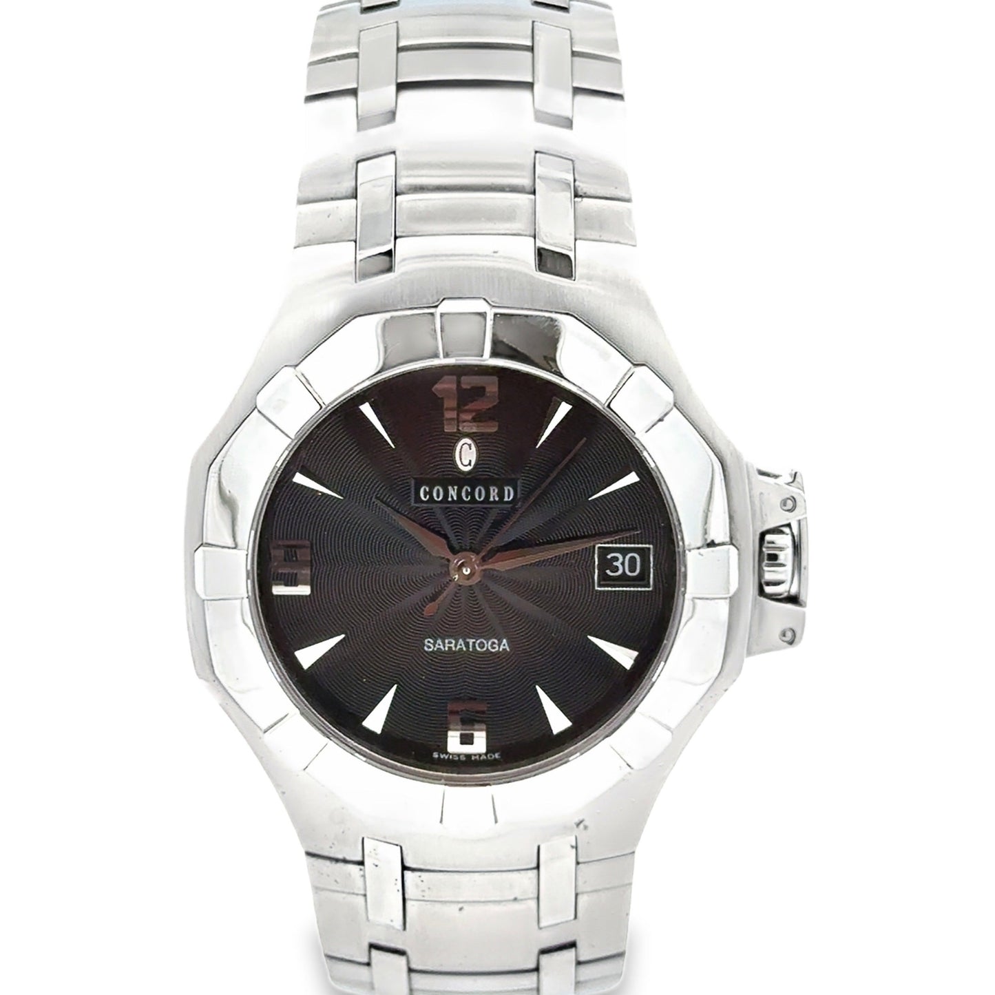 Concord Saratoga 37mm Black Dial Stainless Steel Watch — left side three-quarter view