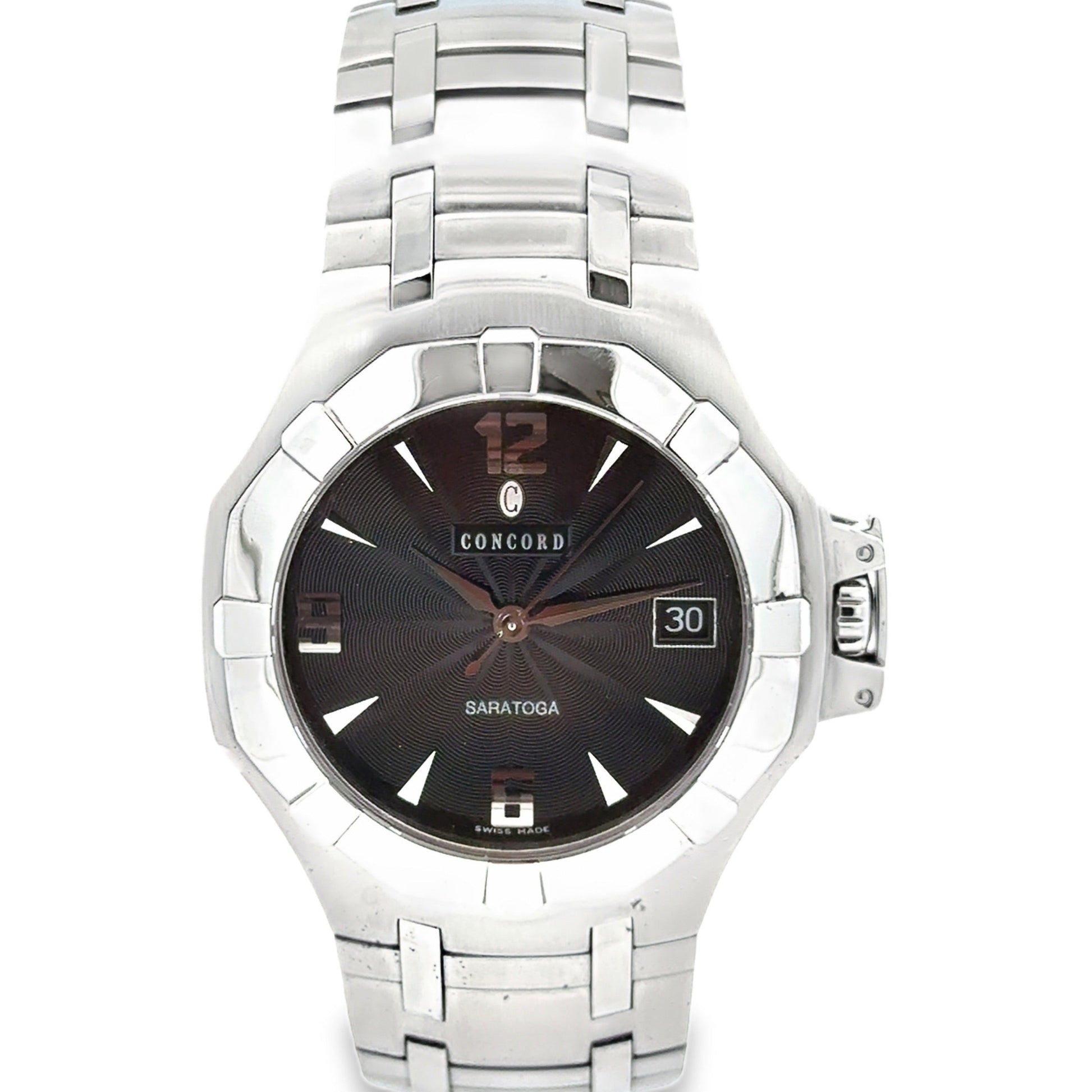 Concord Saratoga 37mm Black Dial Stainless Steel Watch — left side three-quarter view
