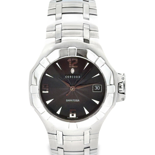 Concord Saratoga 37mm Black Dial Stainless Steel Watch — left side three-quarter view