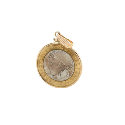 14k Yellow Gold Repubblica Italiana Coin Pendant — left three-quarter angle