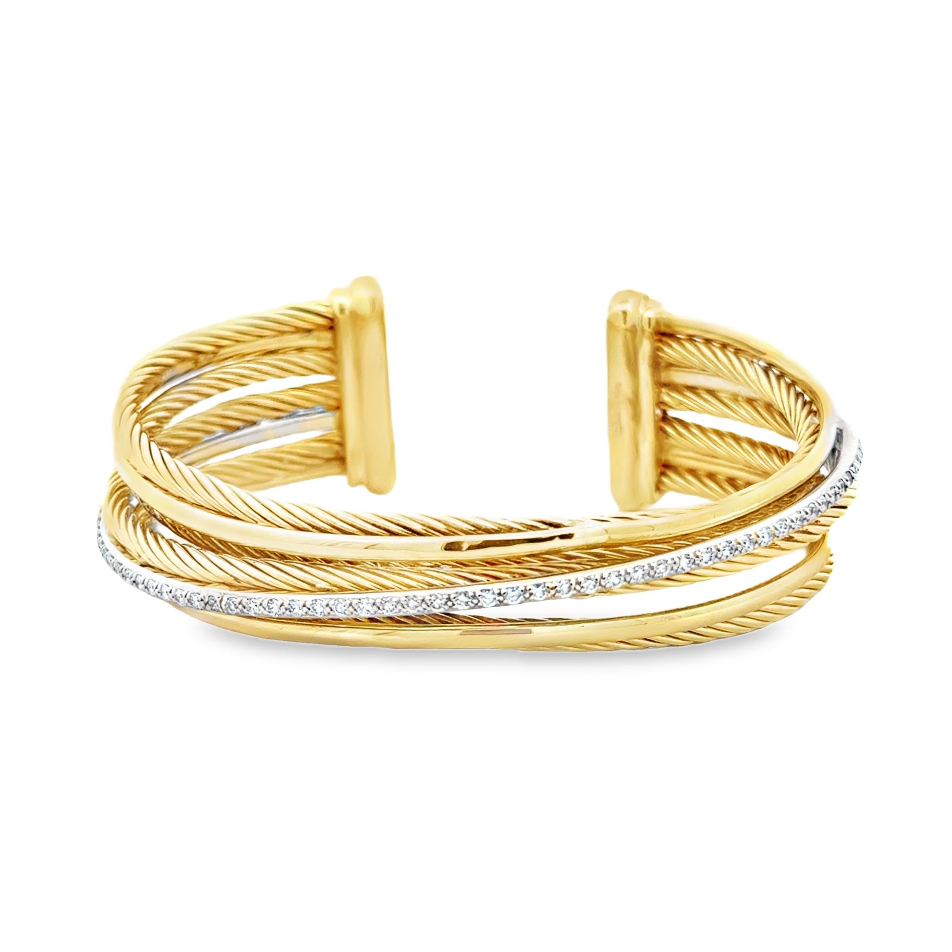 David Yurman 18k Two-Tone Crossover Collection Diamond Cuff Bracelet — left side three-quarter view