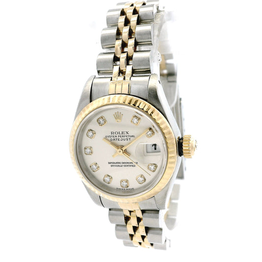 Rolex 69173 Datejust 26mm Two-Tone Diamond Dial Jubilee Watch — left side three-quarter view