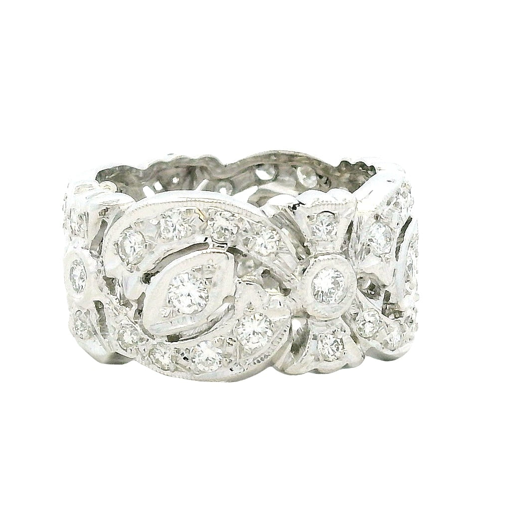 14k White Gold 1.5ctw Vintage-Style Pavé Diamond Filigree Ring — left three-quarter angle