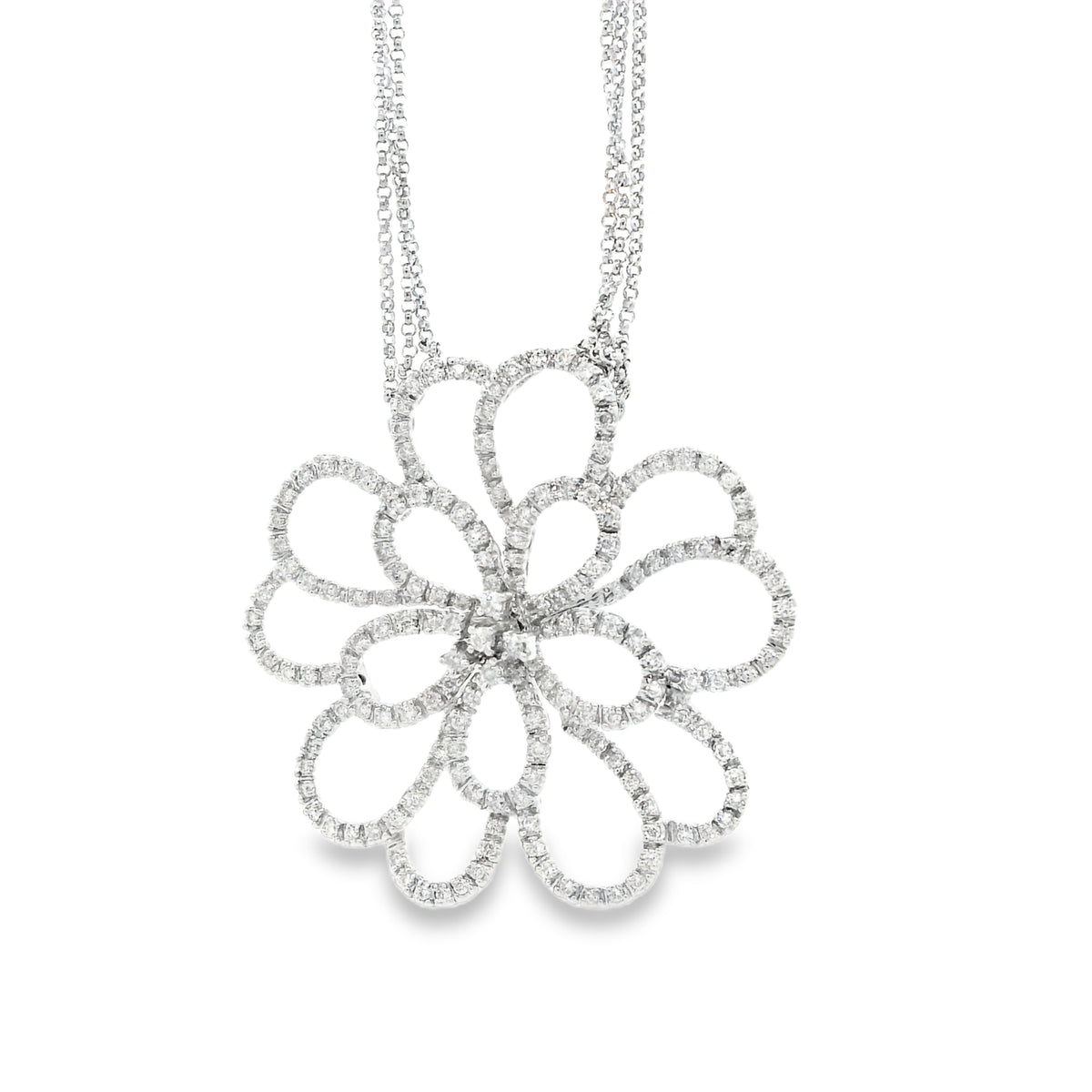 14k White Gold 2.5ctw Round Brilliant Diamond Pavé Floral Pendant Multi-Strand Necklace 18" — left three-quarter angle