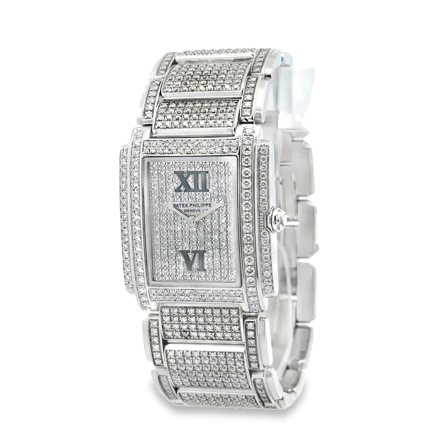 Patek Philippe 4910/10A Twenty~4 Aftermarket Diamond Pavé Watch — left side three-quarter view