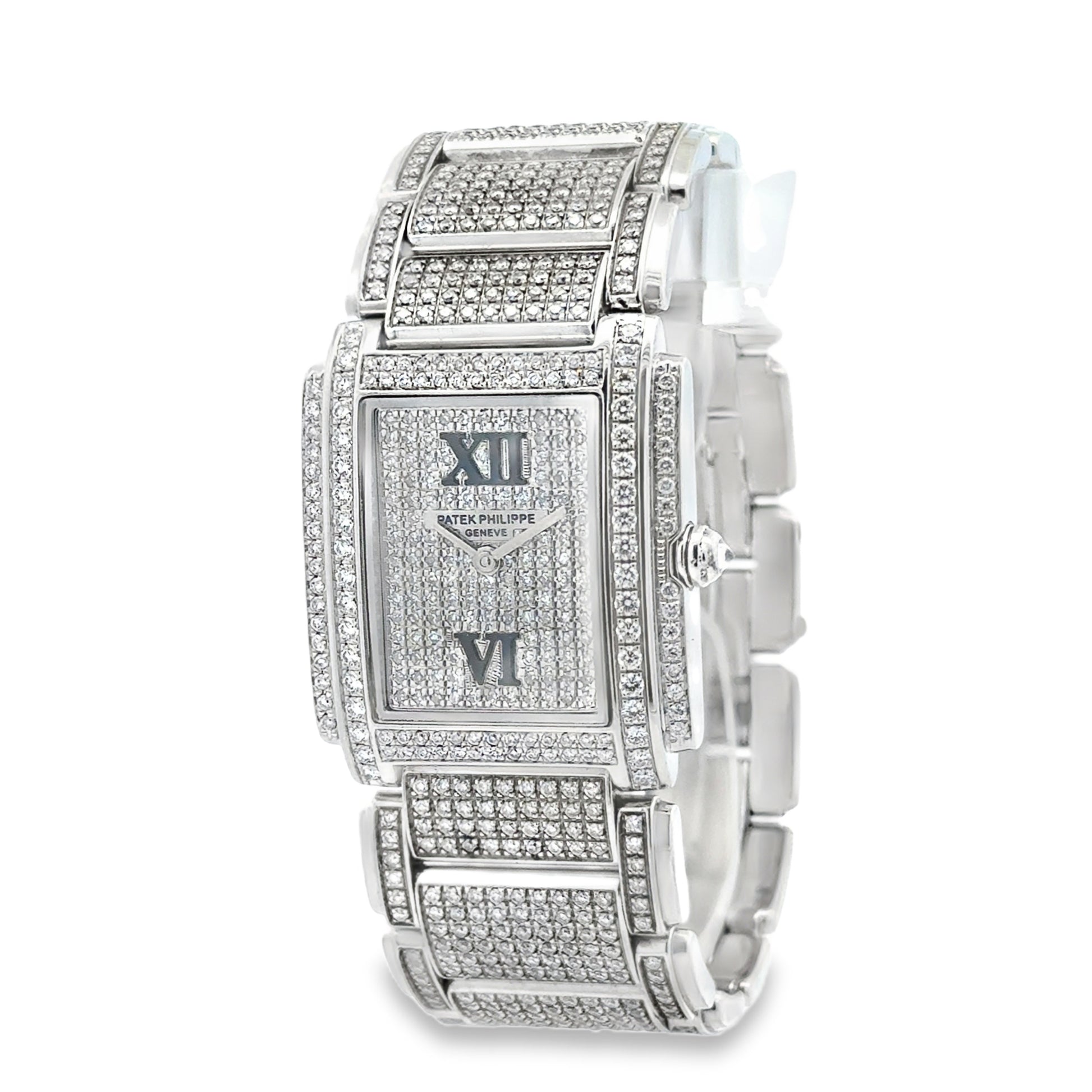 Patek Philippe 4910/10A Twenty~4 Aftermarket Diamond Pavé Watch — left side three-quarter view
