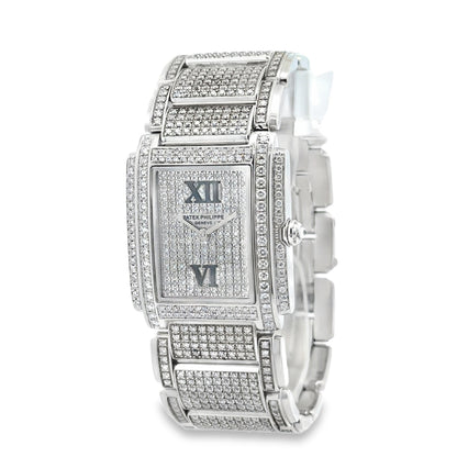 Patek Philippe 4910/10A Twenty~4 Aftermarket Diamond Pavé Watch — left side three-quarter view