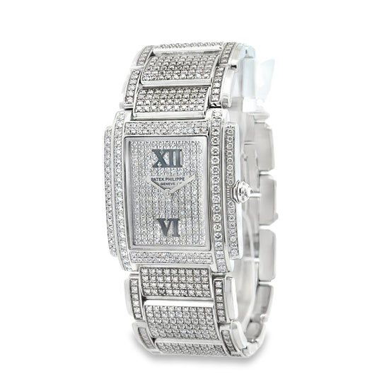 Patek Philippe 4910/10A Twenty~4 Aftermarket Diamond Pavé Watch — left side three-quarter view