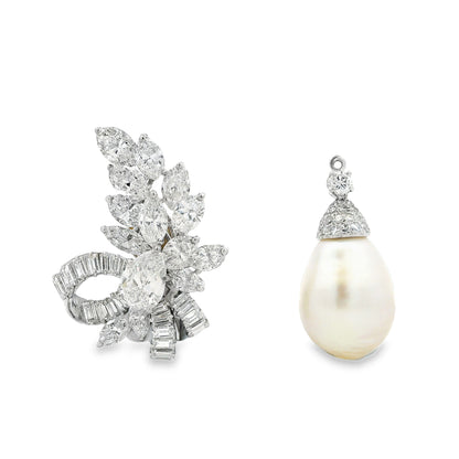 18k White Gold 15ctw Marquise Pear and Baguette Diamond Natural Drop Pearl Clip-On Earrings — left three-quarter angle