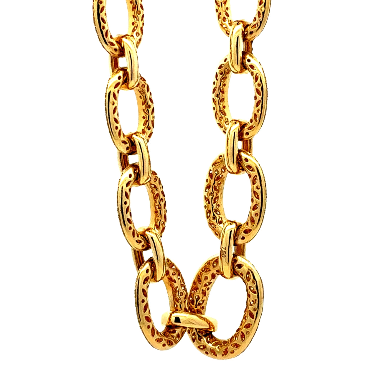 18k Yellow Gold 89.6ctw Pavé Natural Diamond Oval Link Necklace — left three-quarter angle