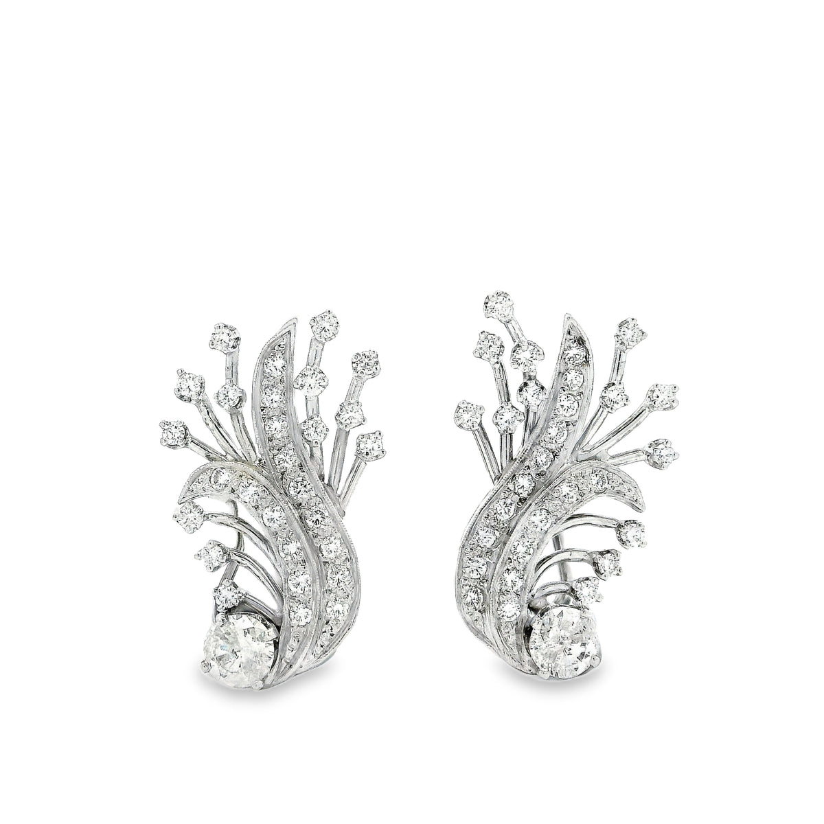 14k White Gold 2.5ctw Round Brilliant Diamond Floral Cluster Earrings — left three-quarter angle