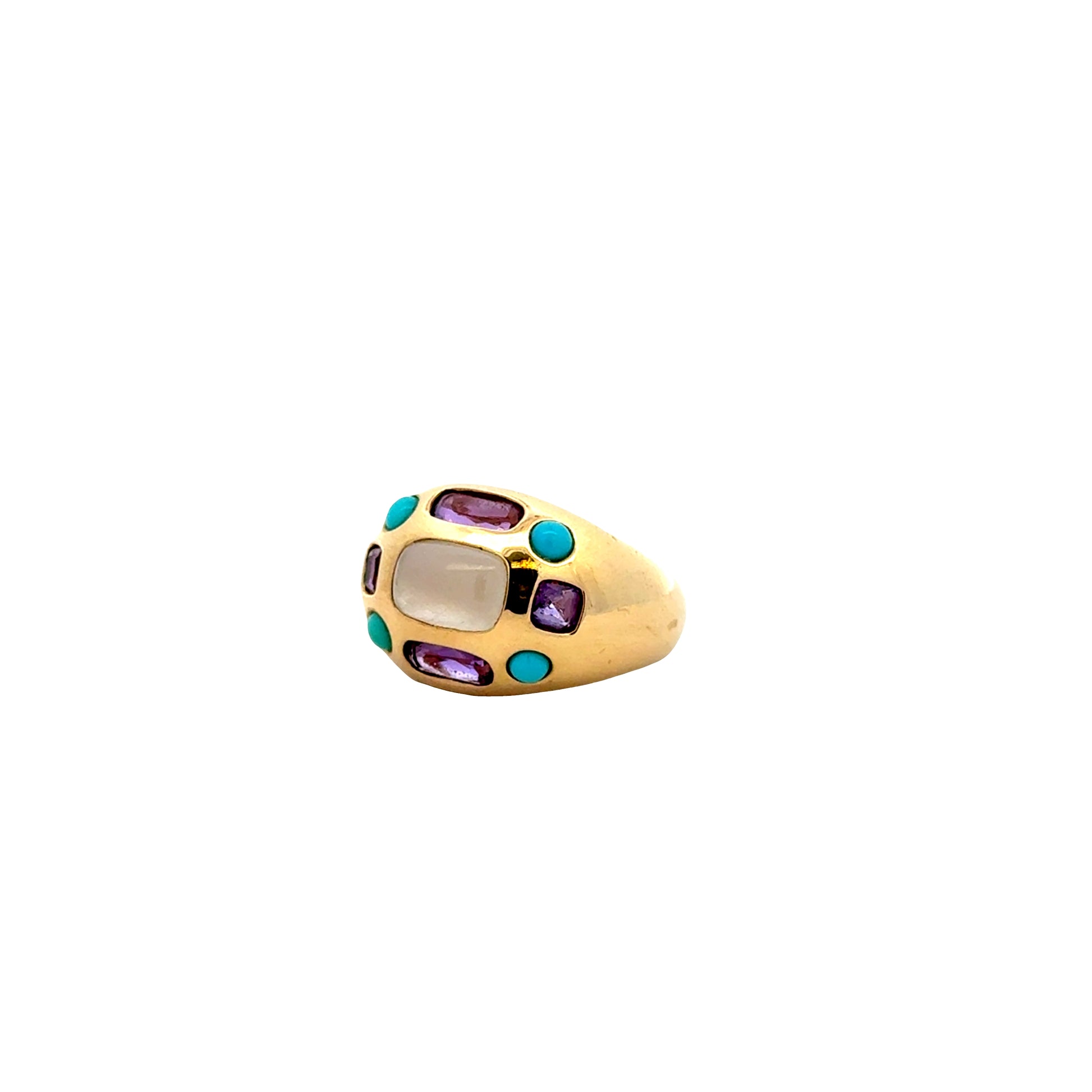 14k Yellow Gold Amethyst and Turquoise Cluster Dome Cocktail Ring — left three-quarter angle