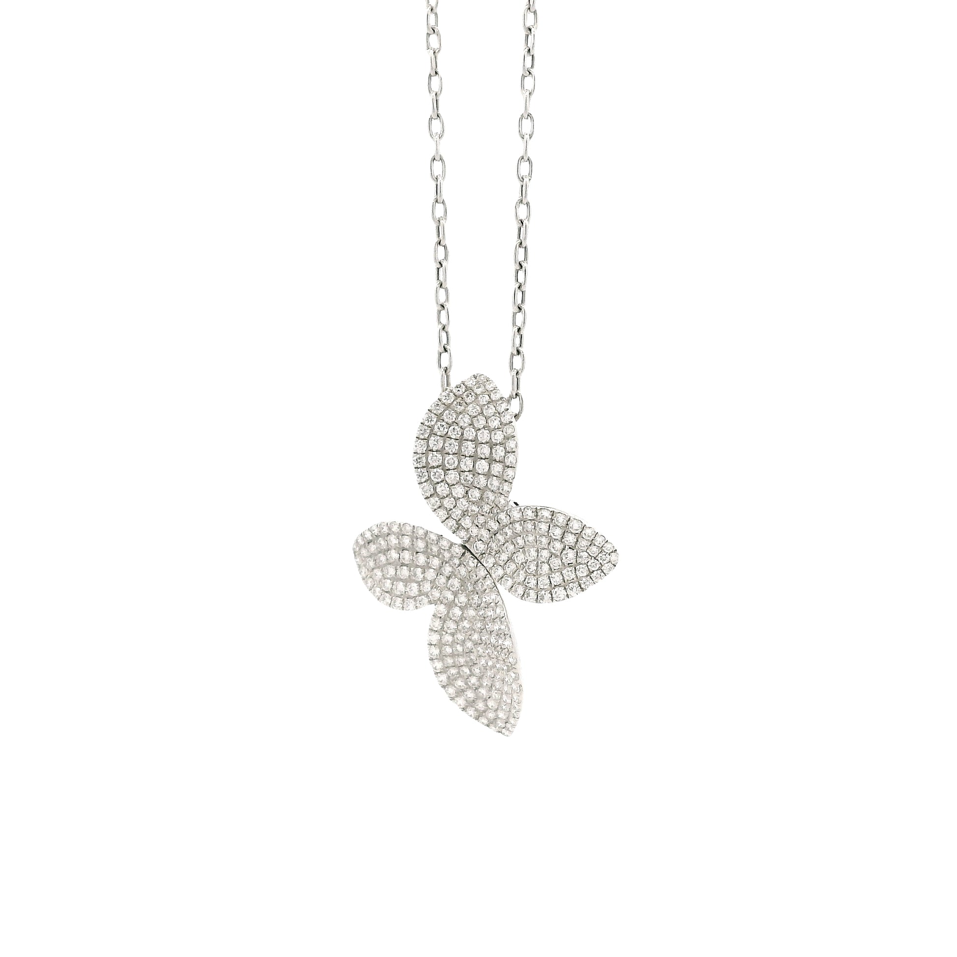 18k White Gold 1.44ctw Round Brilliant Diamond Pavé Flower Pendant Necklace — left three-quarter angle