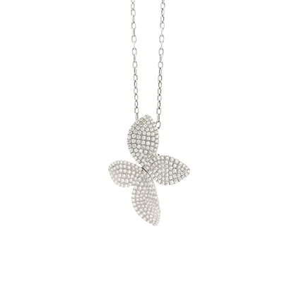 18k White Gold 1.44ctw Round Brilliant Diamond Pavé Flower Pendant Necklace — left three-quarter angle