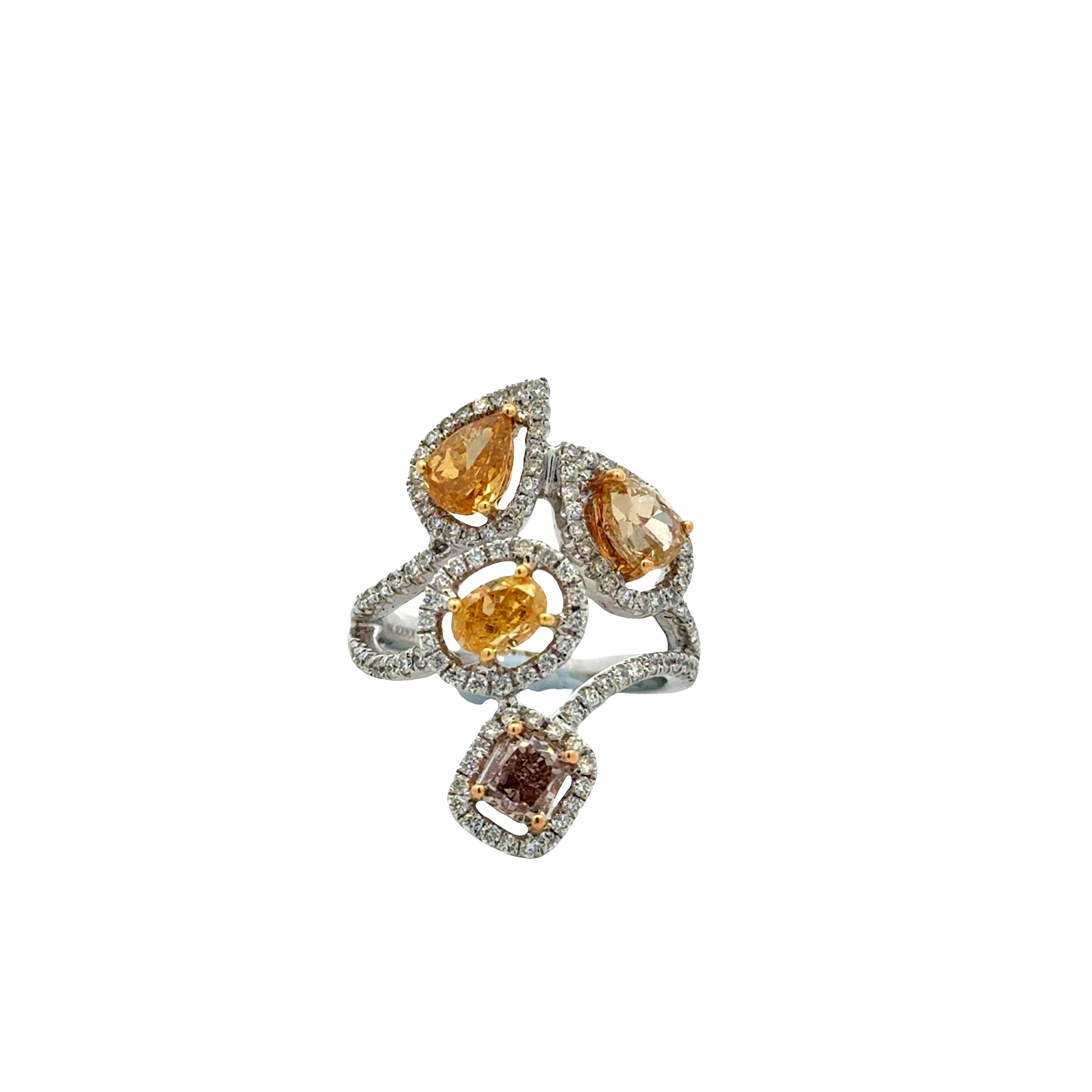 18k White Gold 2.44ct Natural Fancy Colored Diamond Floral Cluster Ring — left three-quarter angle