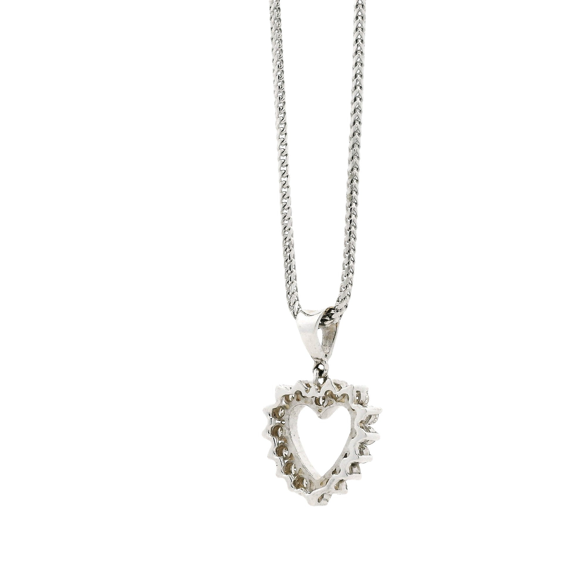 14k White Gold Diamond Heart Shaped Pendant Necklace with 16 Round Diamonds — left three-quarter angle