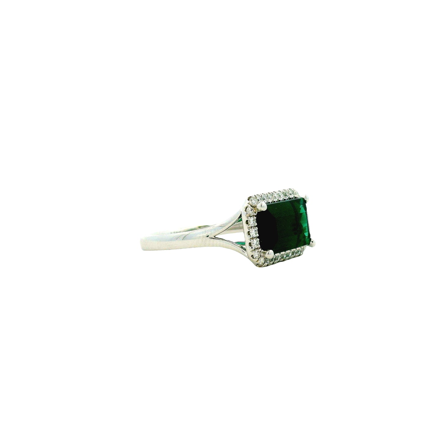 14k White Gold 3.54ct Emerald Cut Blue Tourmaline and 0.27ctw Diamond Halo Ring — left three-quarter angle