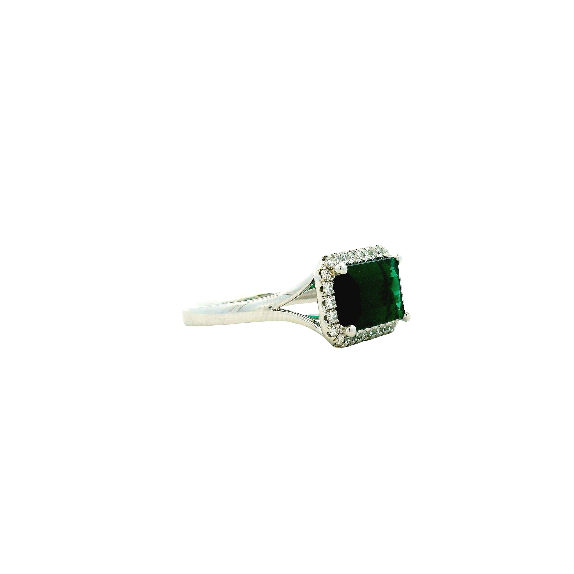 14k White Gold 3.54ct Emerald Cut Blue Tourmaline and 0.27ctw Diamond Halo Ring — left three-quarter angle