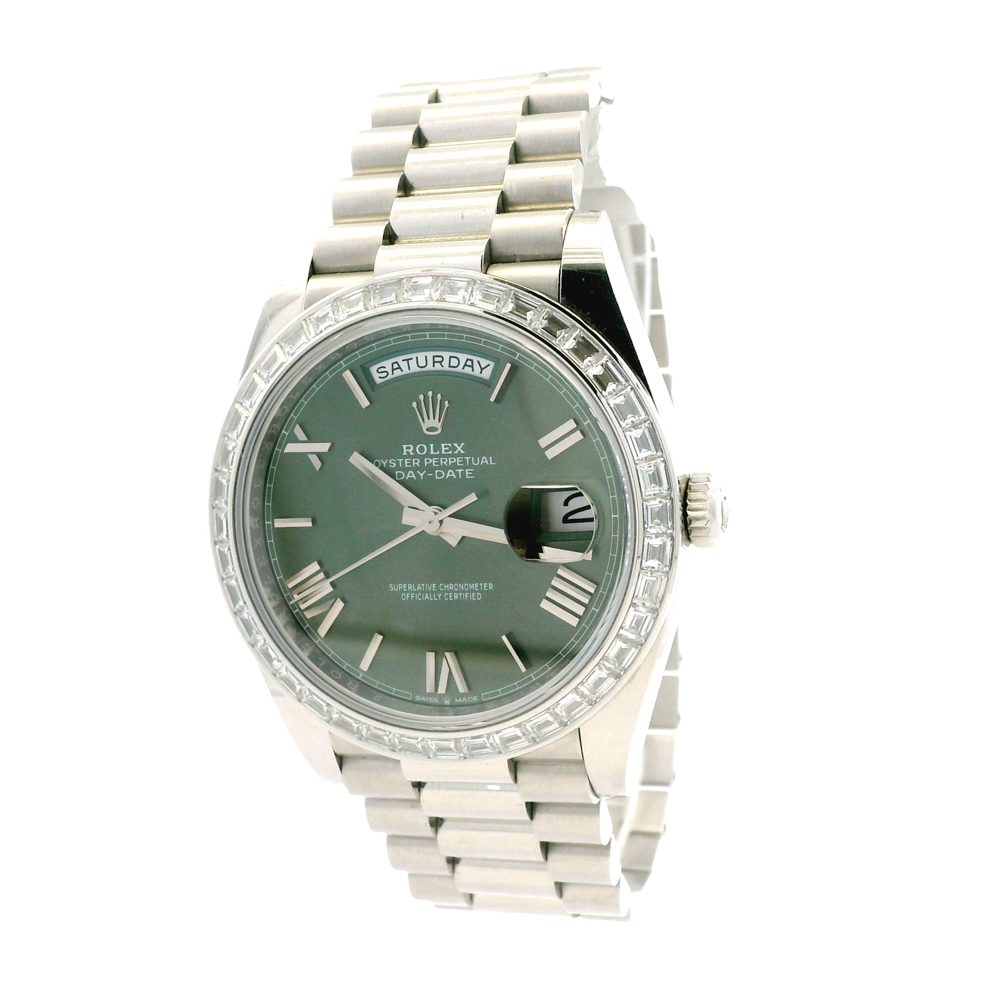 Rolex 228396TBR Day-Date 40mm Platinum Olive Green Roman Dial Watch — left side three-quarter view