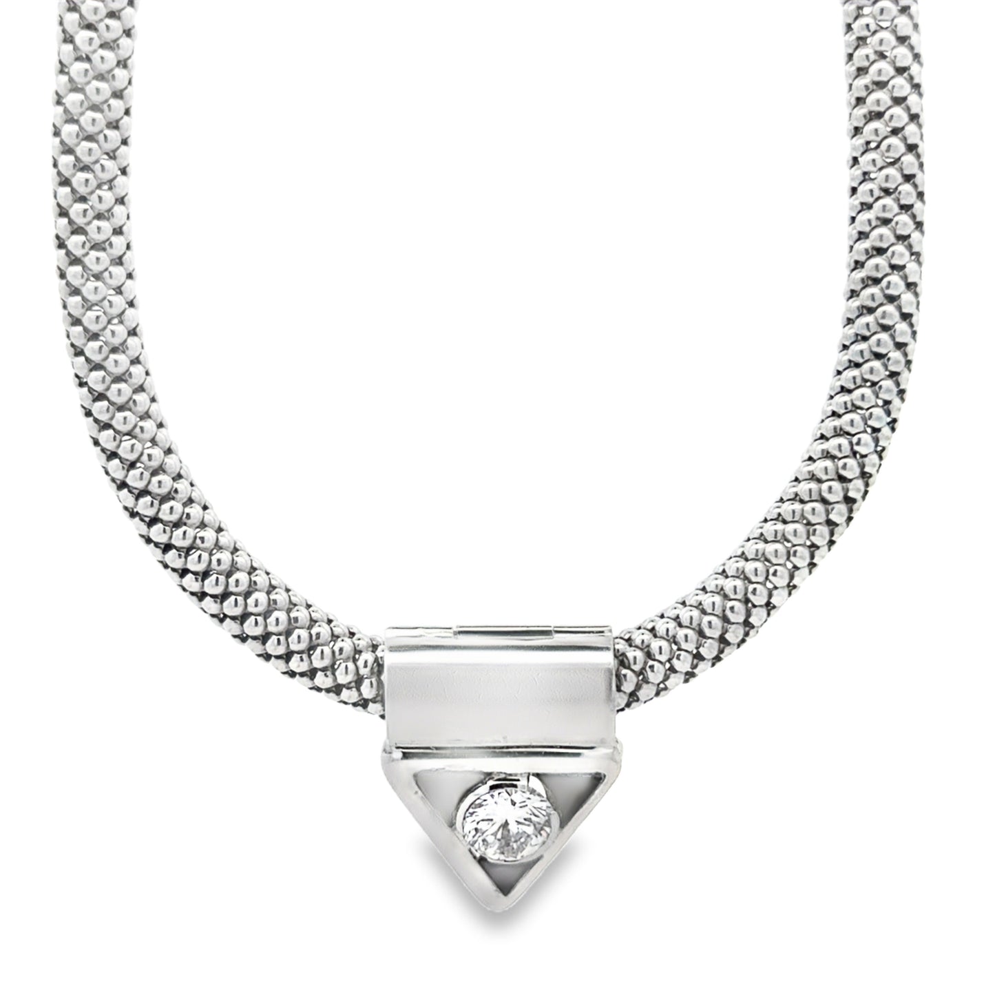 18k White Gold Mesh Choker Necklace & 14k White Gold 1.67ct Round Brilliant Diamond Triangle… — left three-quarter angle
