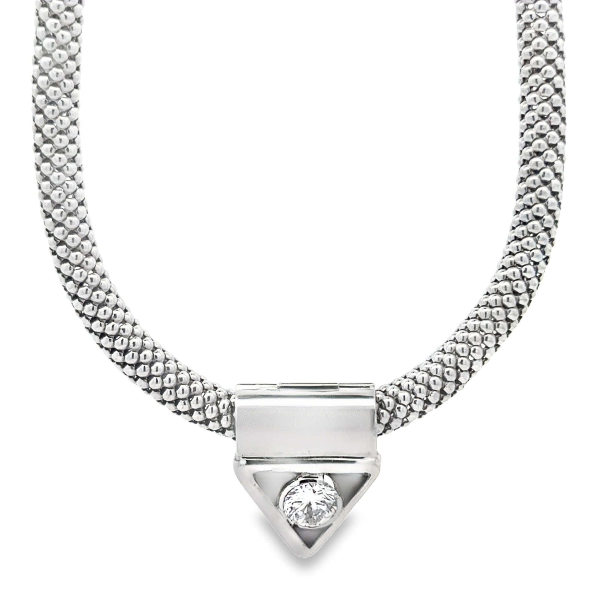 18k White Gold Mesh Choker Necklace & 14k White Gold 1.67ct Round Brilliant Diamond Triangle… — left three-quarter angle