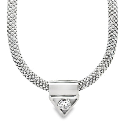 18k White Gold Mesh Choker Necklace & 14k White Gold 1.67ct Round Brilliant Diamond Triangle… — left three-quarter angle
