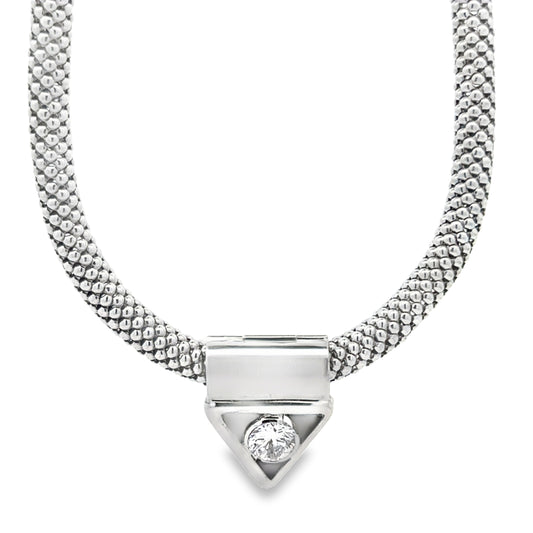 18k White Gold Mesh Choker Necklace & 14k White Gold 1.67ct Round Brilliant Diamond Triangle… — left three-quarter angle
