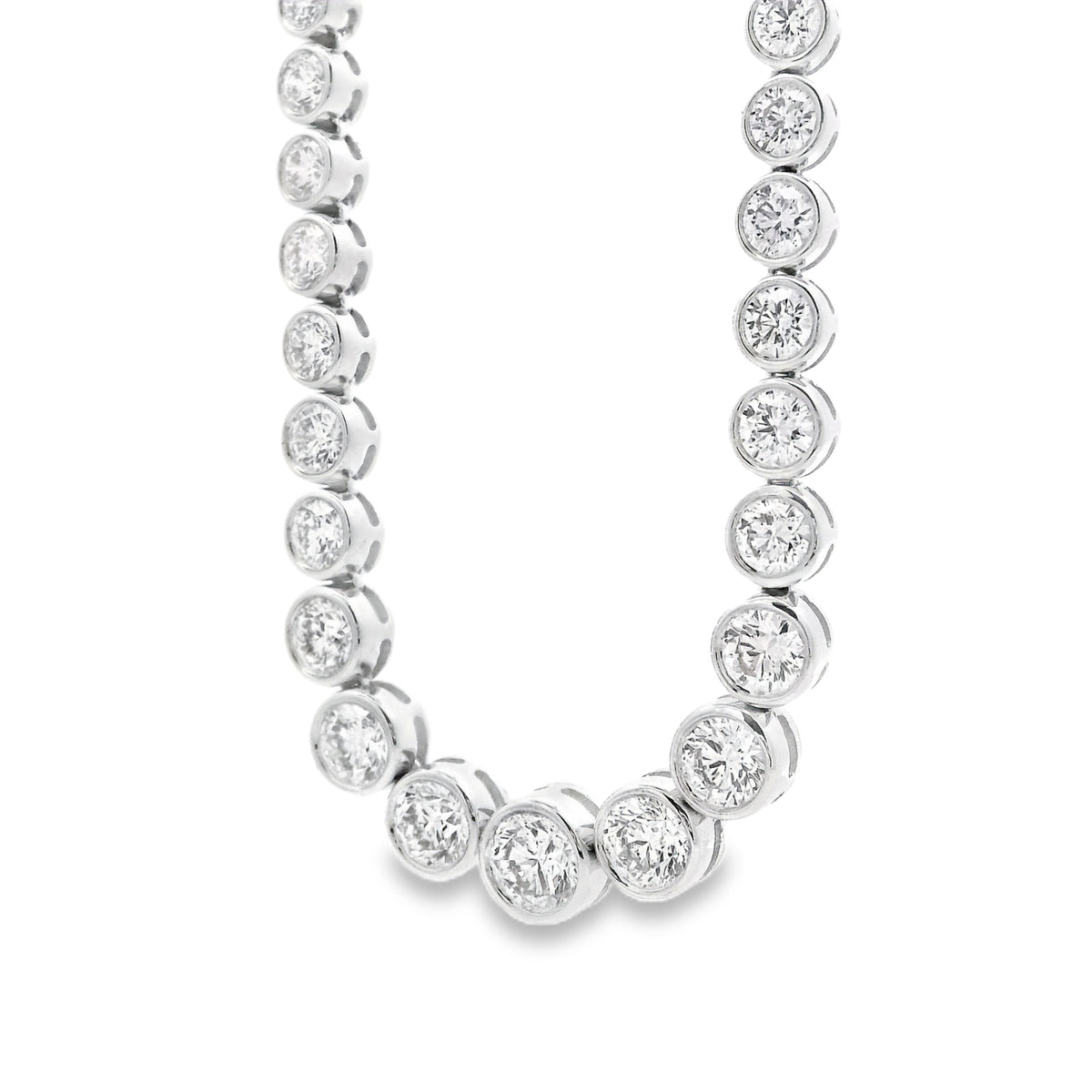 18k White Gold 6.54ctw Round Natural Diamond Half-Way Bezel Set Tennis Necklace 17" — left three-quarter angle