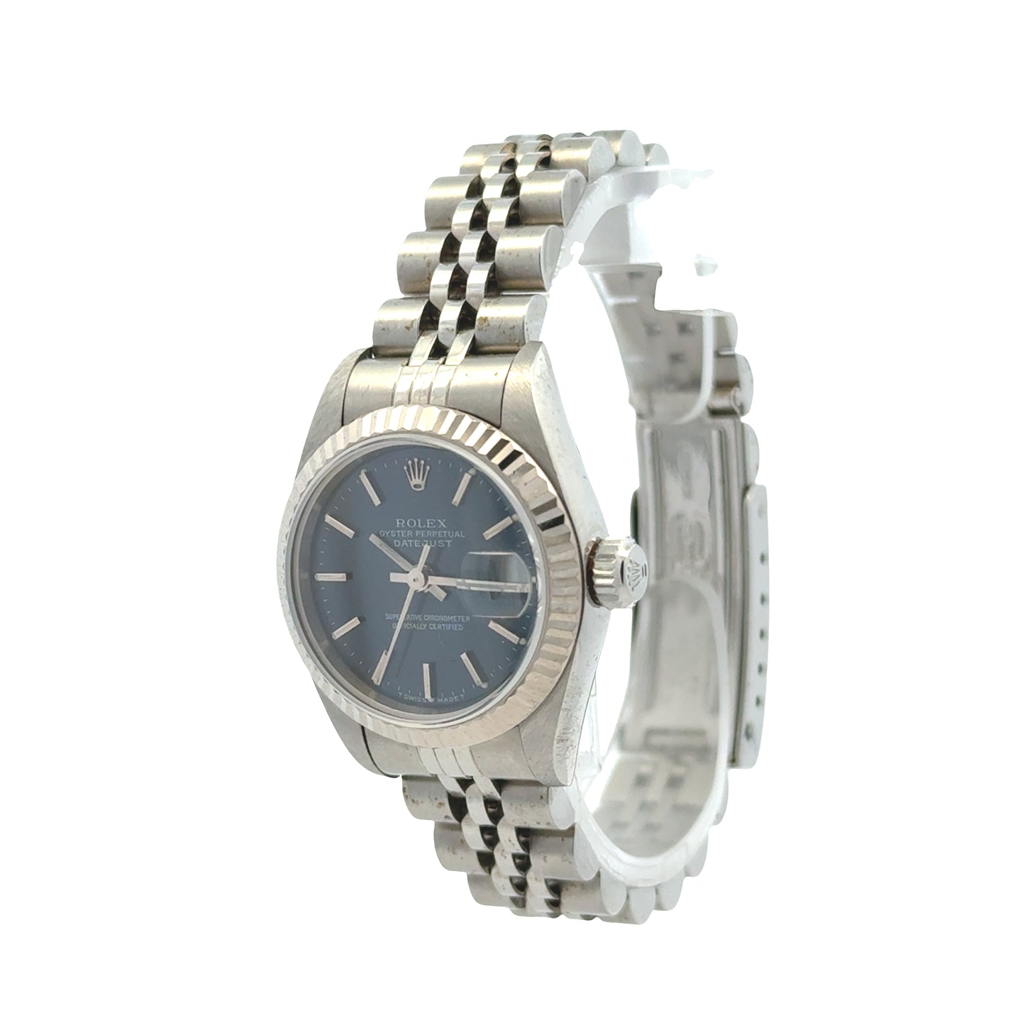 Rolex 79174 Datejust 26mm Two-Tone Blue Dial Jubilee Bracelet Watch — left side three-quarter view