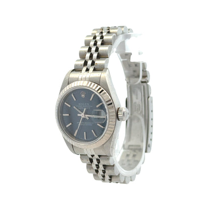 Rolex 79174 Datejust 26mm Two-Tone Blue Dial Jubilee Bracelet Watch — left side three-quarter view