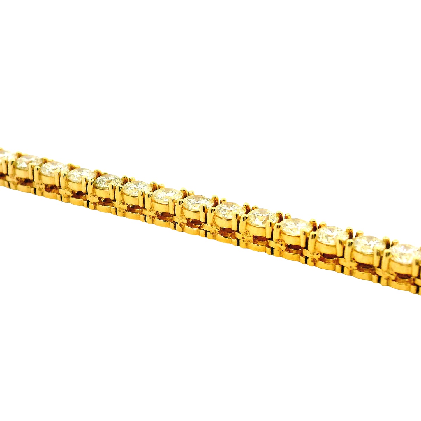 14k Yellow Gold 35.45ctw Round Diamond 4-Prong Tennis Necklace 22" — left three-quarter angle