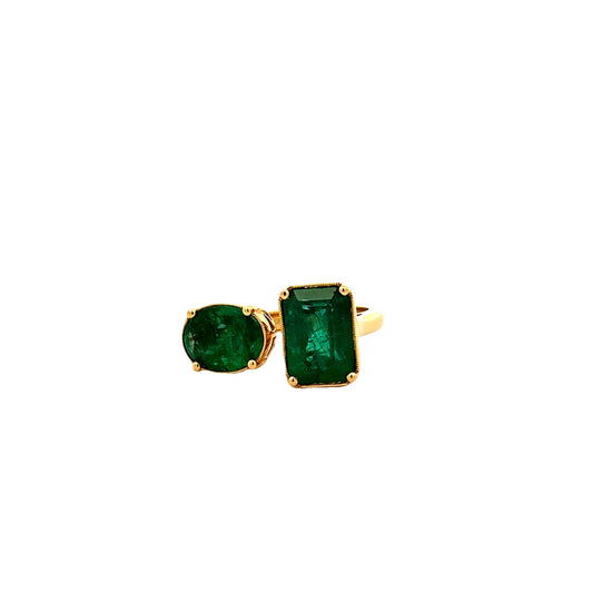 18k Yellow Gold 7.65ctw Two-Stone Natural Emerald Toi et Moi Ring — left three-quarter angle
