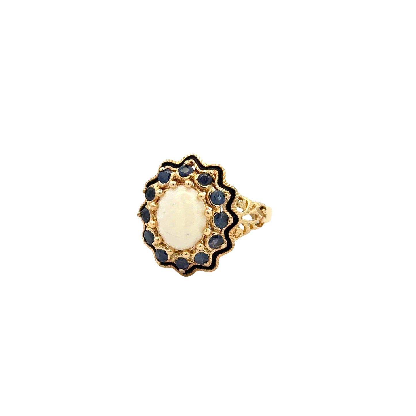 Vintage 18k Yellow Gold Opal and Blue Sapphire Halo Cocktail Ring — left three-quarter angle