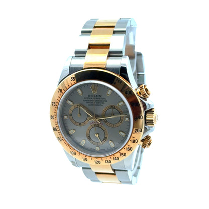 Rolex 116523 Daytona 40mm Silver Dial Two-Tone Oyster Bracelet Watch — left side three-quarter view