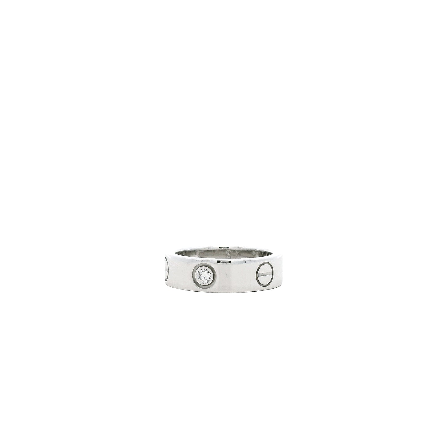 Cartier 18k White Gold 3 Diamond Love Ring — left three-quarter angle