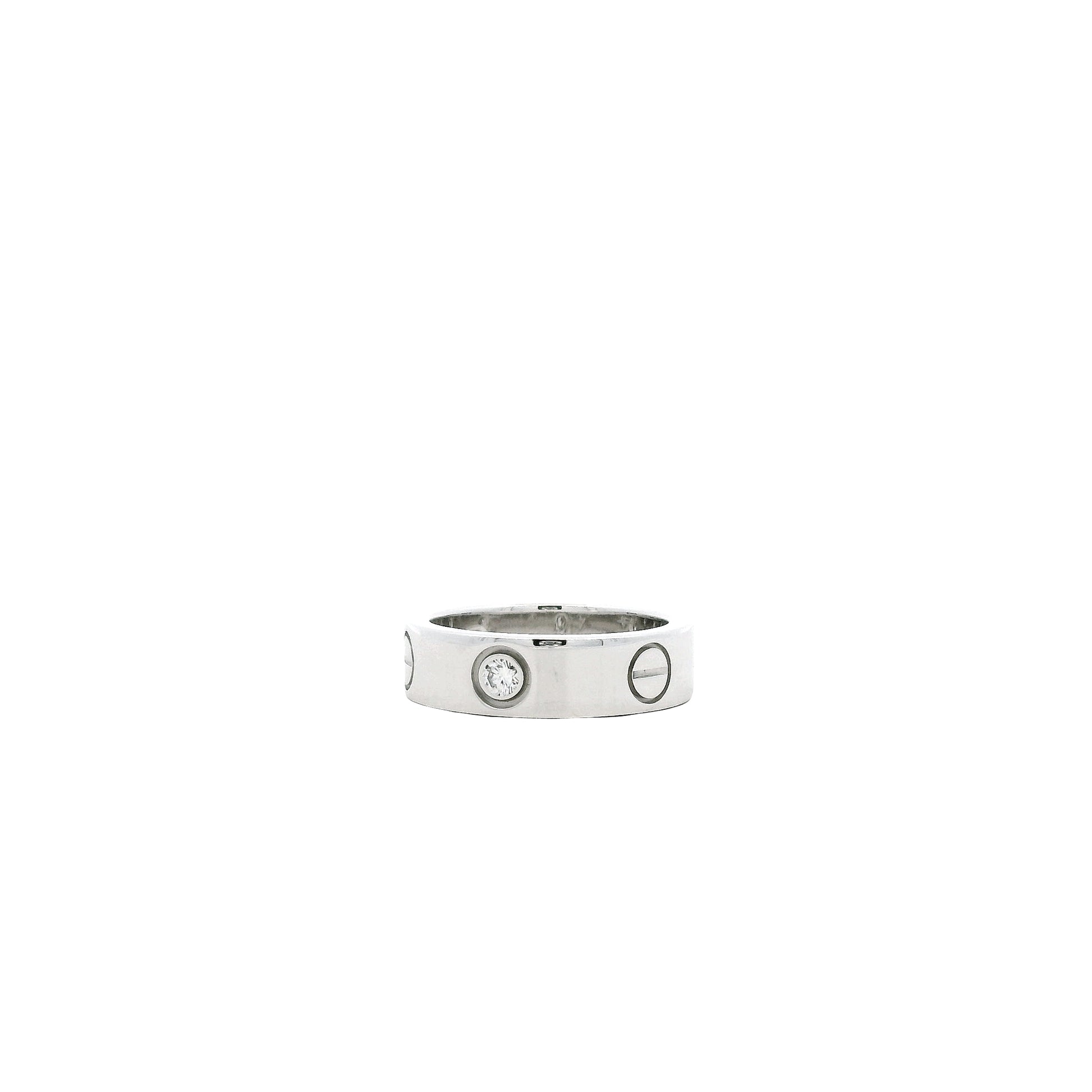 Cartier 18k White Gold 3 Diamond Love Ring — left three-quarter angle