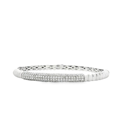 18k White Gold 1.30ctw Round Brilliant Diamond Pavé Scalloped Bangle Bracelet — left three-quarter angle