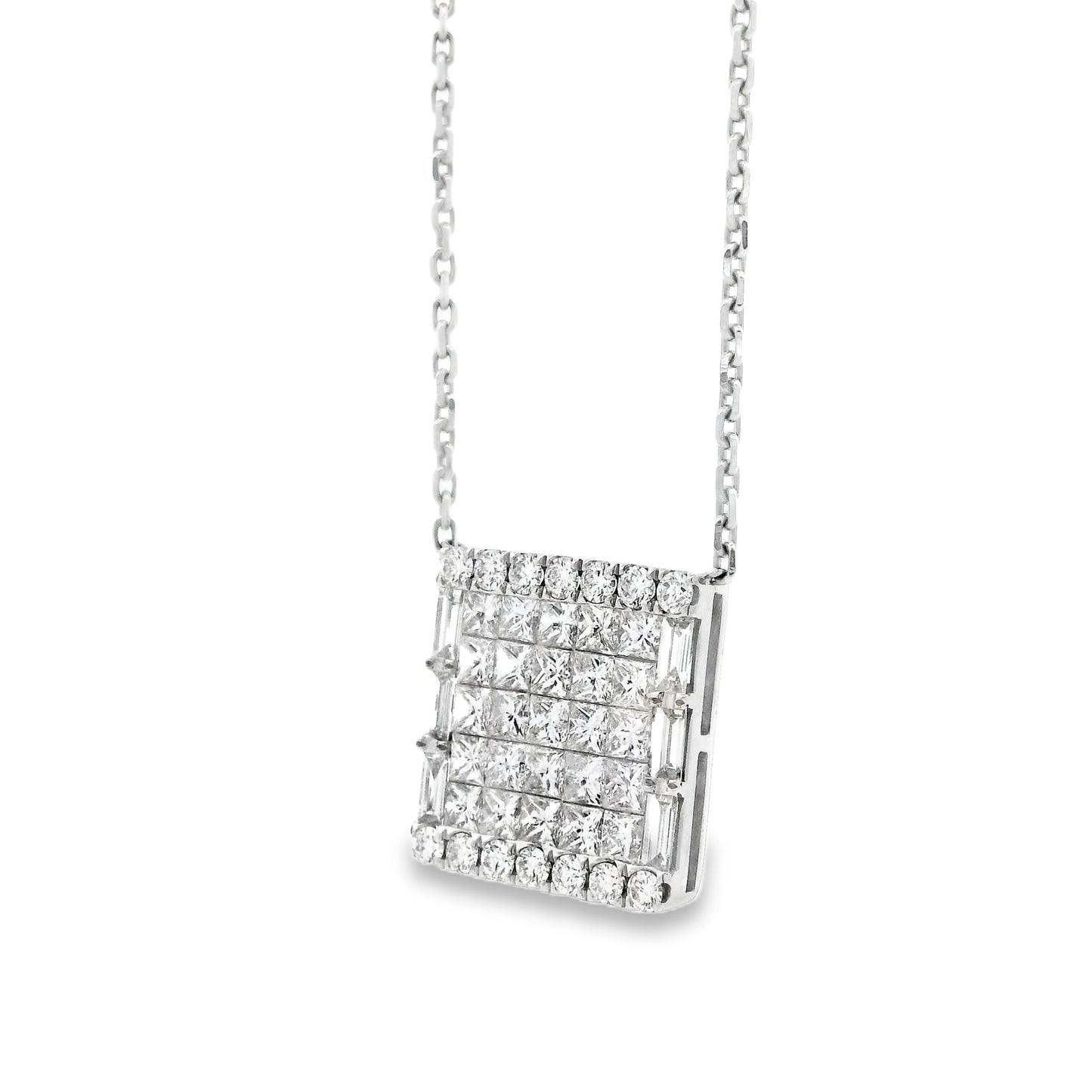 18k White Gold 4.00ctw Baguette & Princess Cut Diamond Invisible Set Pendant Necklace — left three-quarter angle
