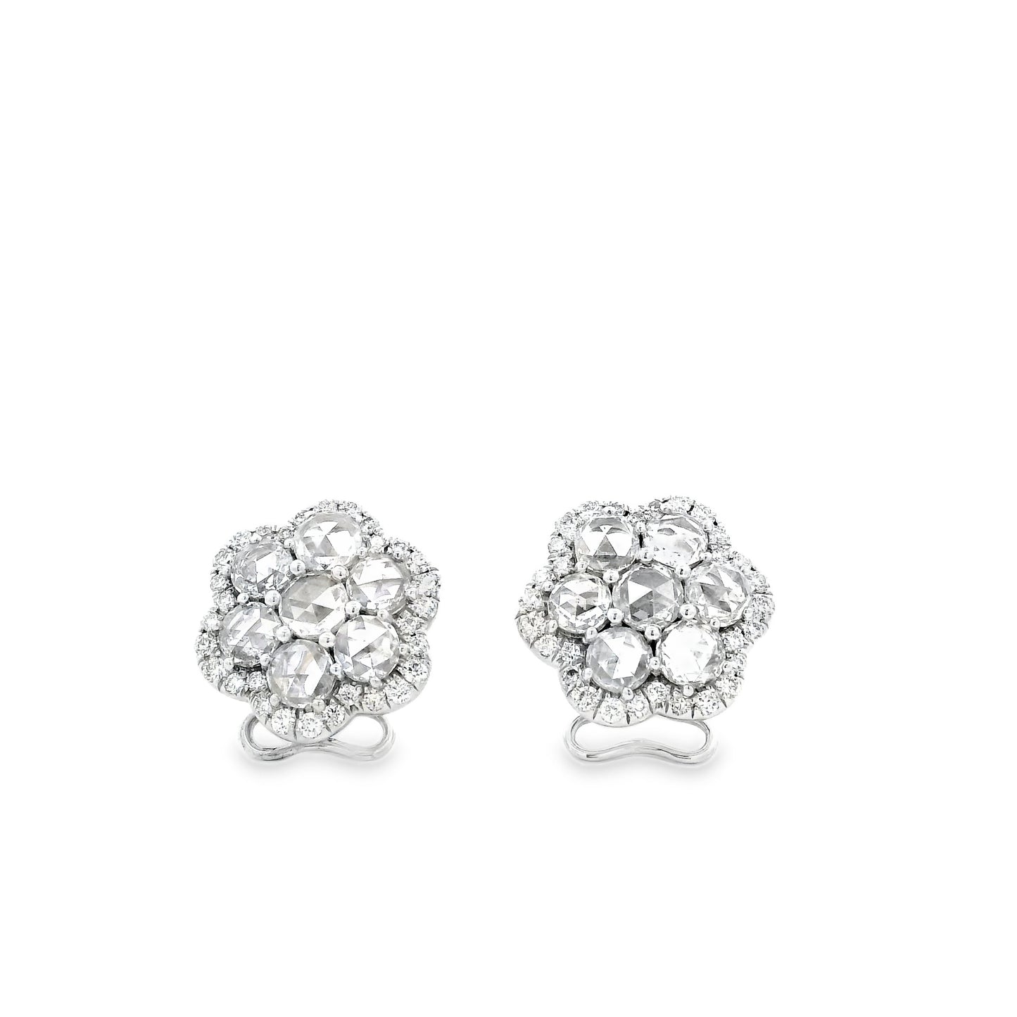 14k White Gold 3.60ctw Old Cut Natural Diamond Flower Cluster Button Earrings — left three-quarter angle